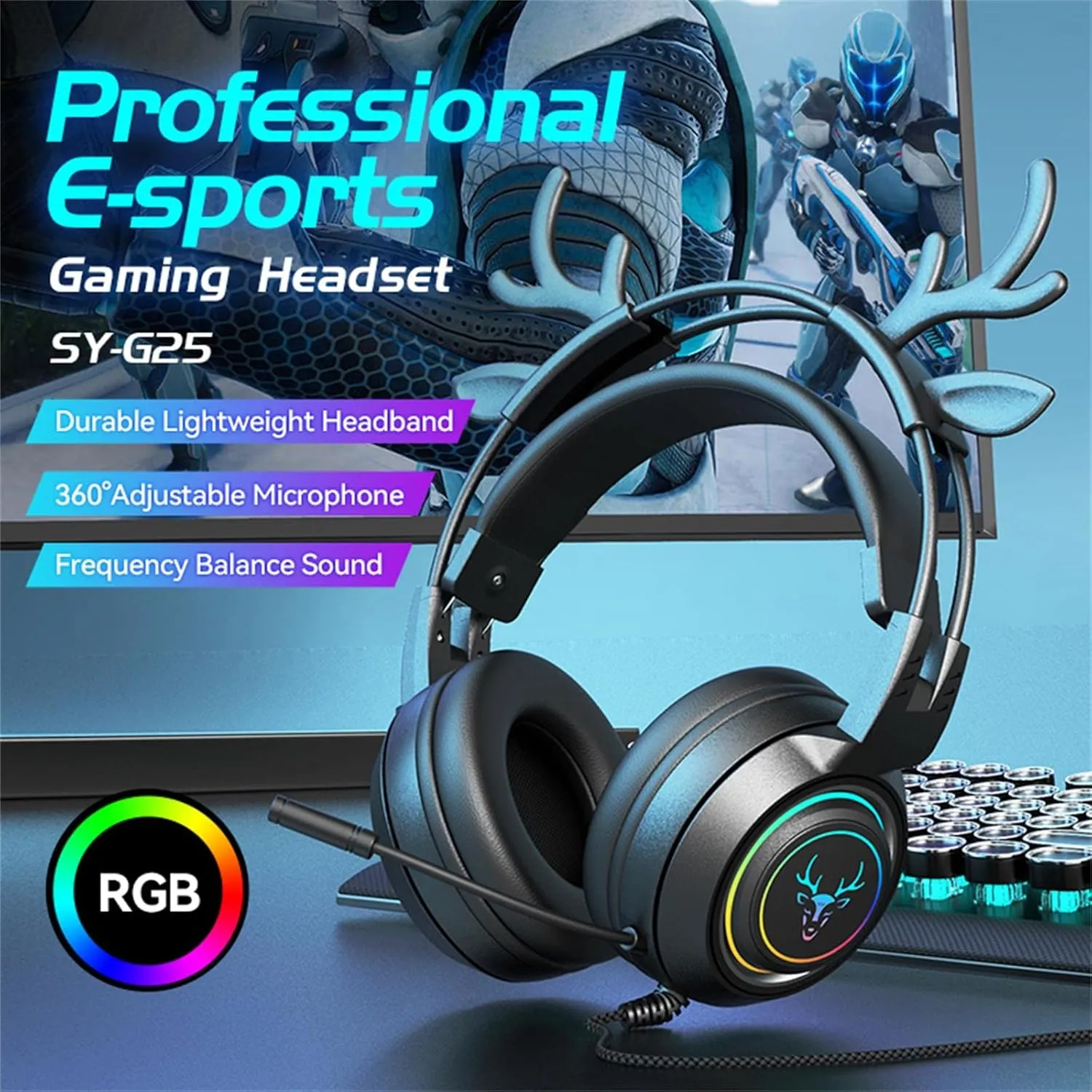 Stereo Gaming Headset for PS4 PC Xbox One PS5 Controller, Noise Cancelling Over Ear Headphones with Mic, LED Light, Bass Surround, Soft Memory Earmuffs for Laptop Mac Nintendo (Black Antlers)