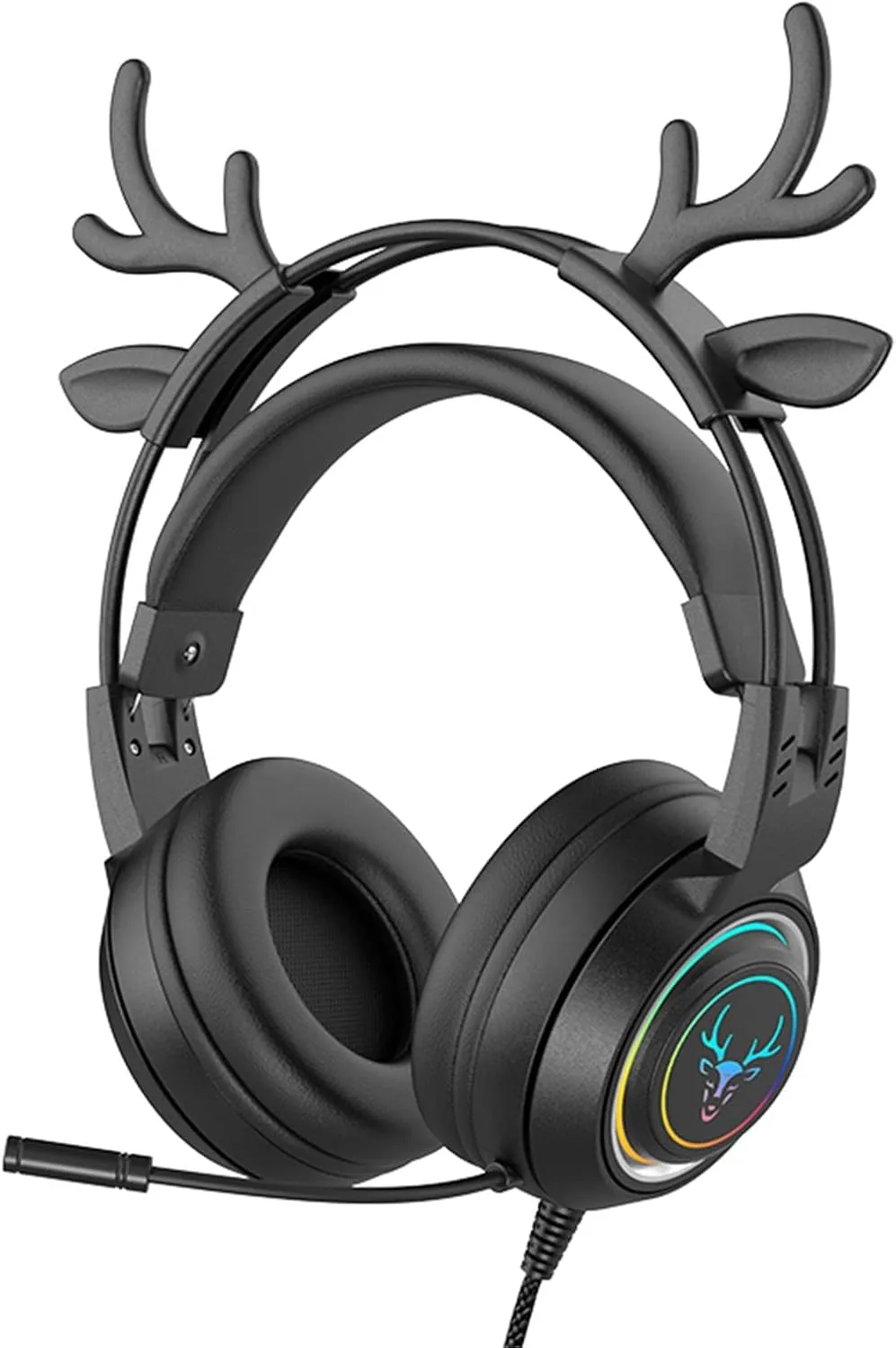 Stereo Gaming Headset for PS4 PC Xbox One PS5 Controller, Noise Cancelling Over Ear Headphones with Mic, LED Light, Bass Surround, Soft Memory Earmuffs for Laptop Mac Nintendo (Black Antlers)