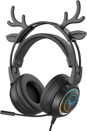 Stereo Gaming Headset for PS4 PC Xbox One PS5 Controller, Noise Cancelling Over Ear Headphones with Mic, LED Light, Bass Surround, Soft Memory Earmuffs for Laptop Mac Nintendo (Black Antlers)
