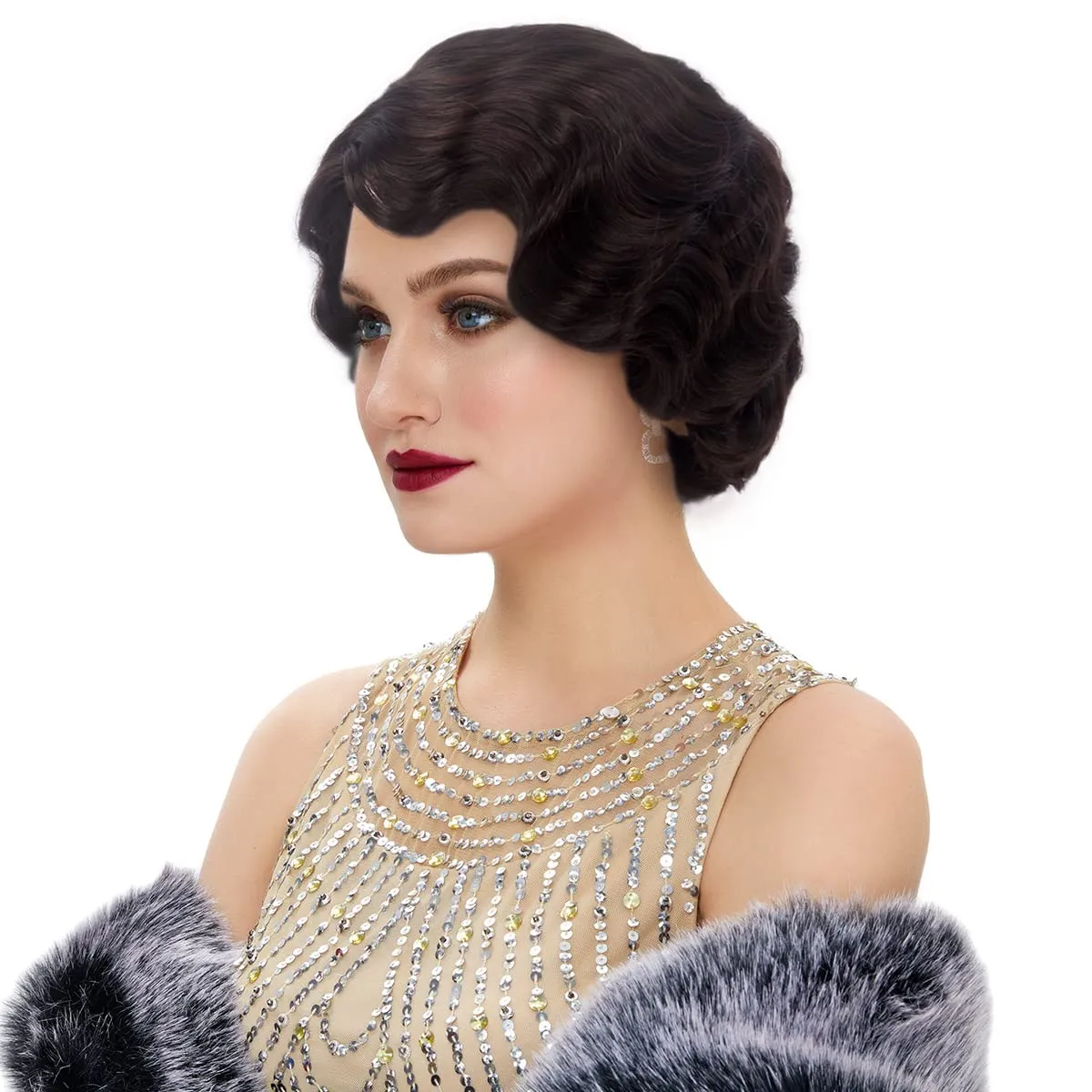 STfantasy 20S Finger Wave Wig Flapper Curly Synthetic Hair for Women 1920s Cosplay Costume Halloween Party Daily Everyday Wear (Dark Brown)