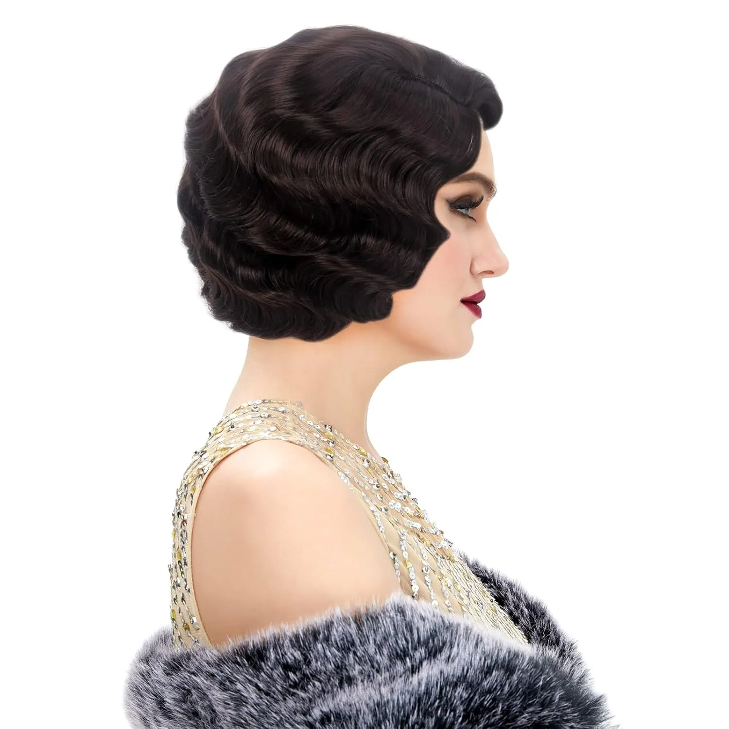 STfantasy 20S Finger Wave Wig Flapper Curly Synthetic Hair for Women 1920s Cosplay Costume Halloween Party Daily Everyday Wear (Dark Brown)