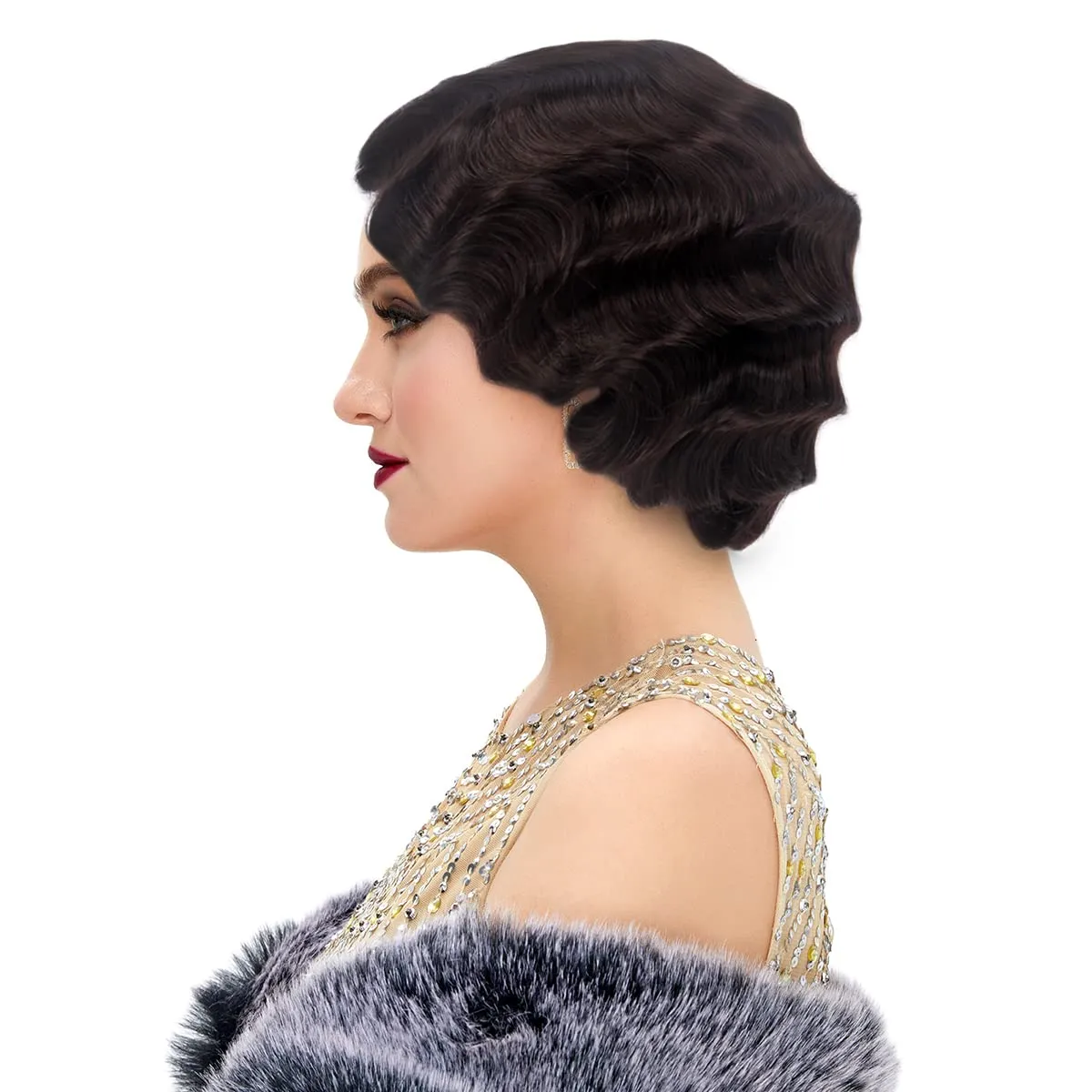 STfantasy 20S Finger Wave Wig Flapper Curly Synthetic Hair for Women 1920s Cosplay Costume Halloween Party Daily Everyday Wear (Dark Brown)