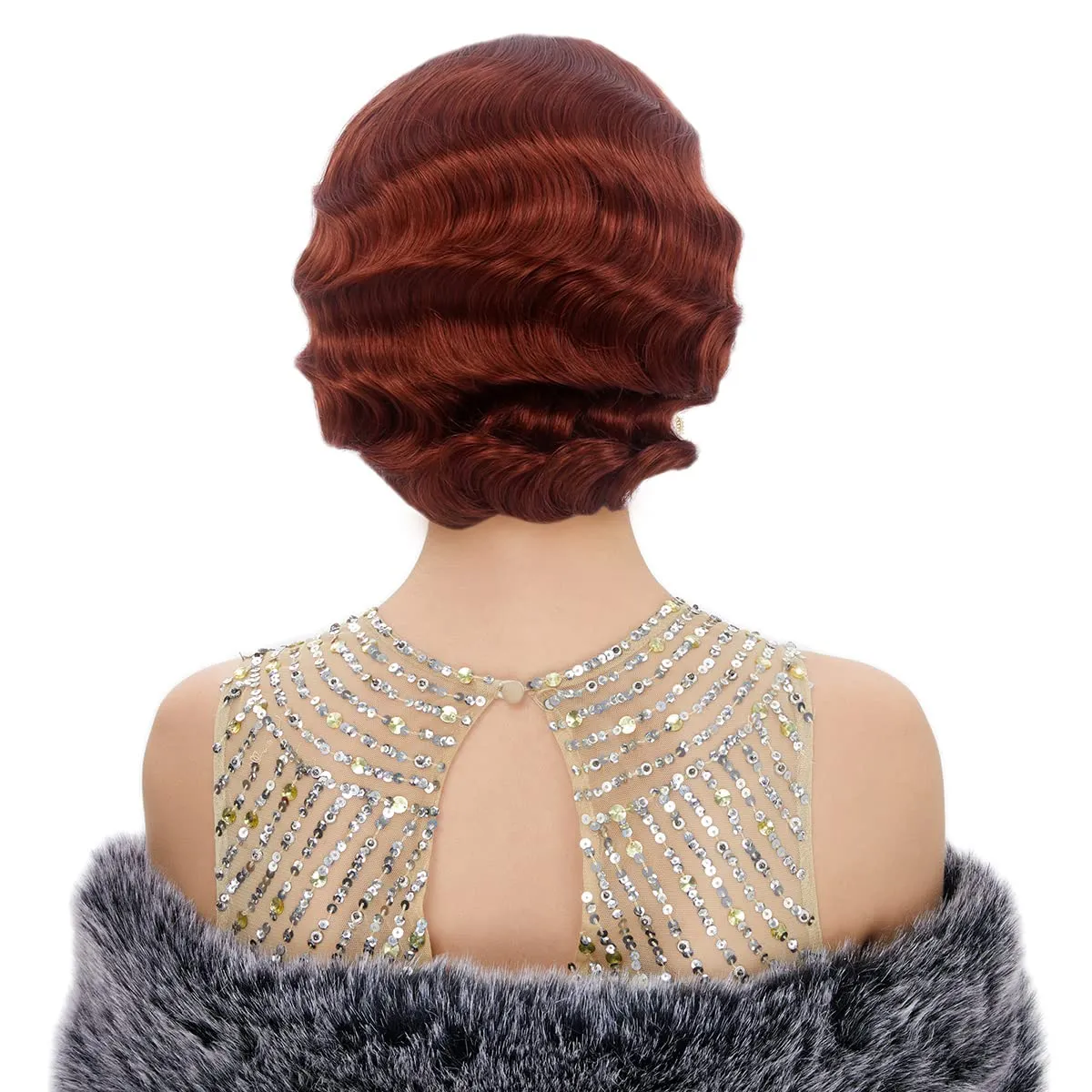 STfantasy 20S Finger Wave Wig Flapper Curly Synthetic Hair for Women 1920s Cosplay Costume Halloween Party Daily Everyday Wear (Reddish Brown)