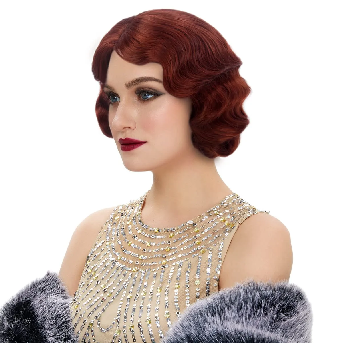 STfantasy 20S Finger Wave Wig Flapper Curly Synthetic Hair for Women 1920s Cosplay Costume Halloween Party Daily Everyday Wear (Reddish Brown)