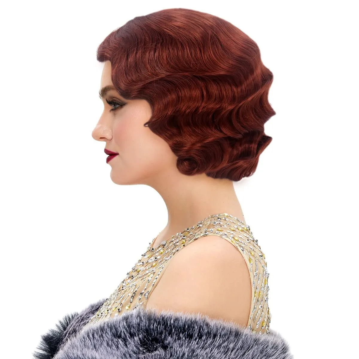 STfantasy 20S Finger Wave Wig Flapper Curly Synthetic Hair for Women 1920s Cosplay Costume Halloween Party Daily Everyday Wear (Reddish Brown)