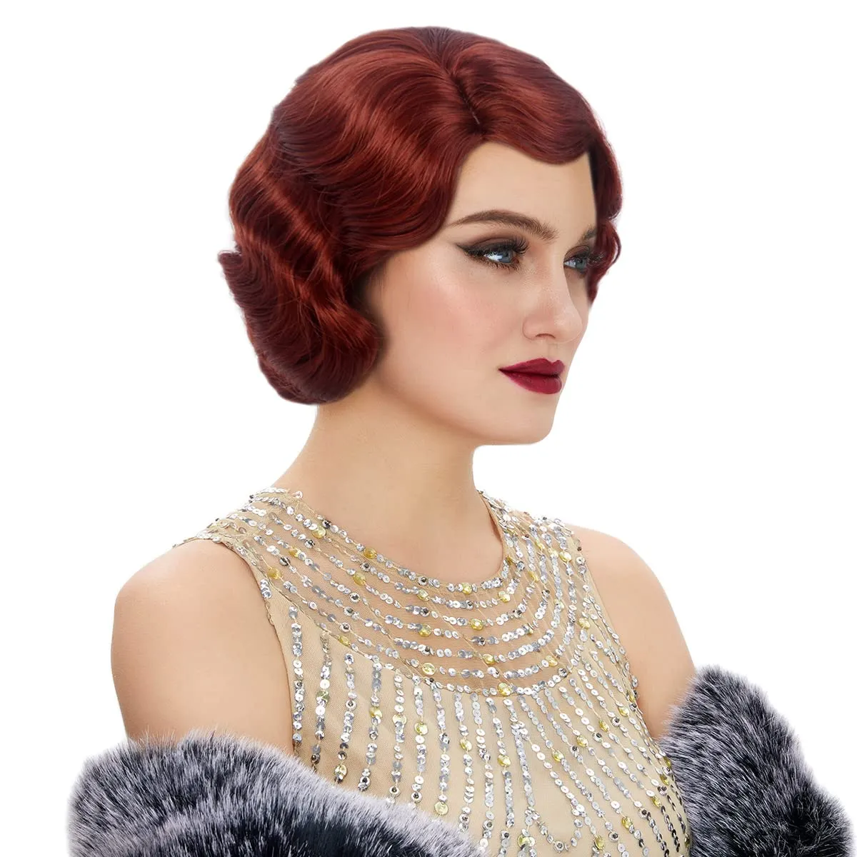STfantasy 20S Finger Wave Wig Flapper Curly Synthetic Hair for Women 1920s Cosplay Costume Halloween Party Daily Everyday Wear (Reddish Brown)