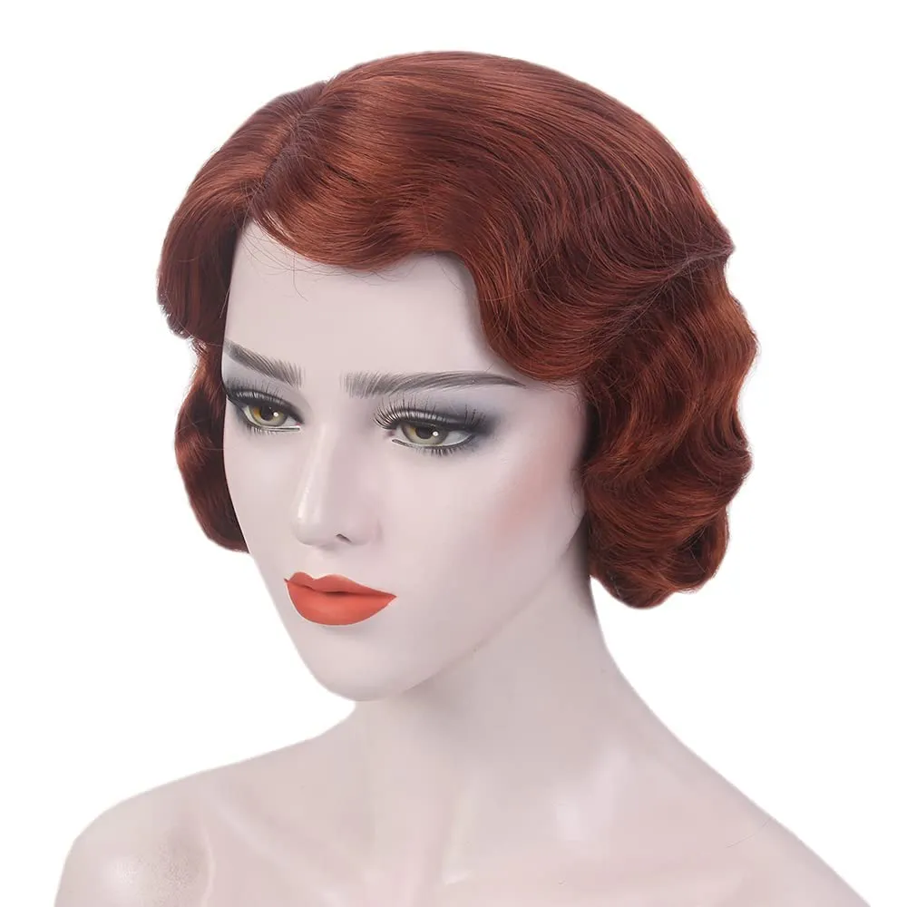 STfantasy 20S Finger Wave Wig Flapper Curly Synthetic Hair for Women 1920s Cosplay Costume Halloween Party Daily Everyday Wear (Reddish Brown)