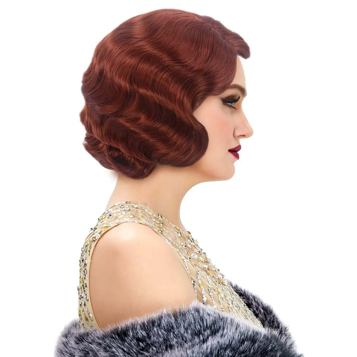STfantasy 20S Finger Wave Wig Flapper Curly Synthetic Hair for Women 1920s Cosplay Costume Halloween Party Daily Everyday Wear (Reddish Brown)
