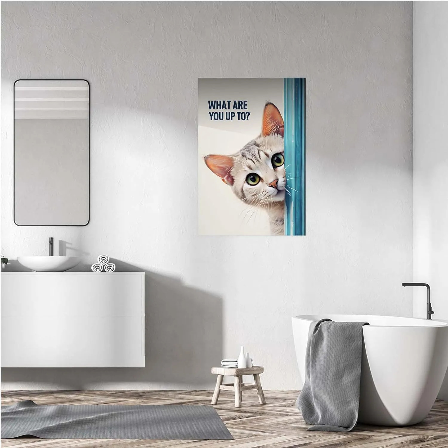 Striped cat canvas painting green eyes pink inner ears cream background blue vertical stripes minimalist composition, realistic feline portrait detailed whiskers smooth fur texture pet lover wall art