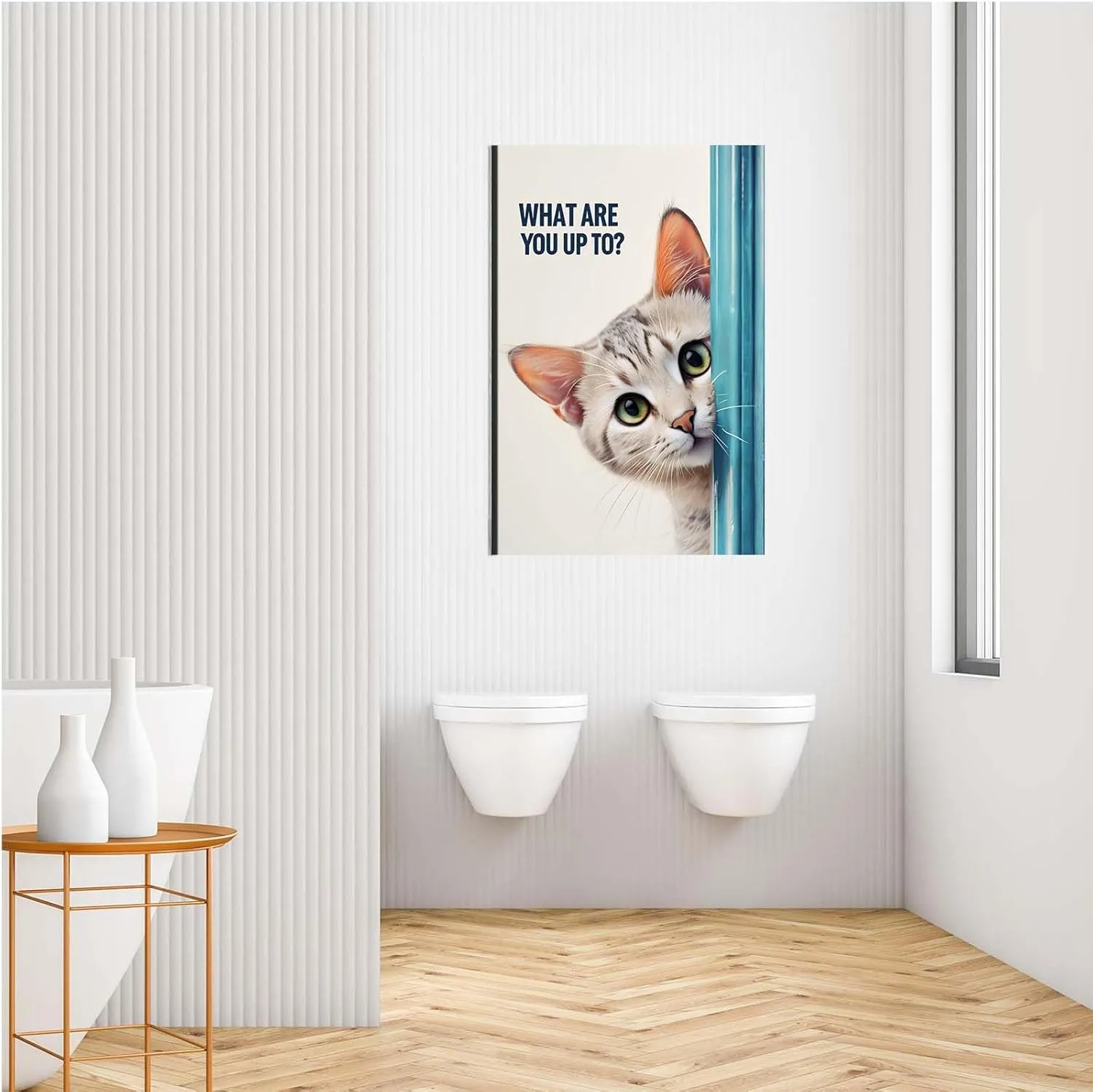 Striped cat canvas painting green eyes pink inner ears cream background blue vertical stripes minimalist composition, realistic feline portrait detailed whiskers smooth fur texture pet lover wall art