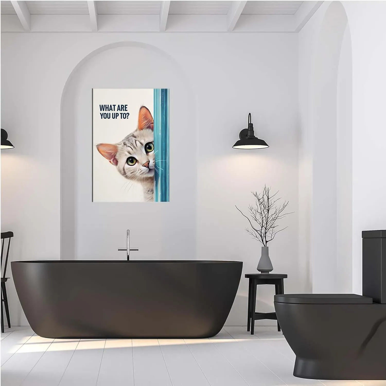 Striped cat canvas painting green eyes pink inner ears cream background blue vertical stripes minimalist composition, realistic feline portrait detailed whiskers smooth fur texture pet lover wall art