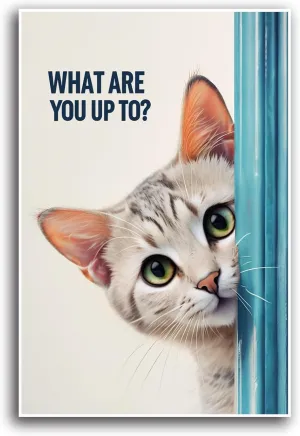 Striped cat canvas painting green eyes pink inner ears cream background blue vertical stripes minimalist composition, realistic feline portrait detailed whiskers smooth fur texture pet lover wall art