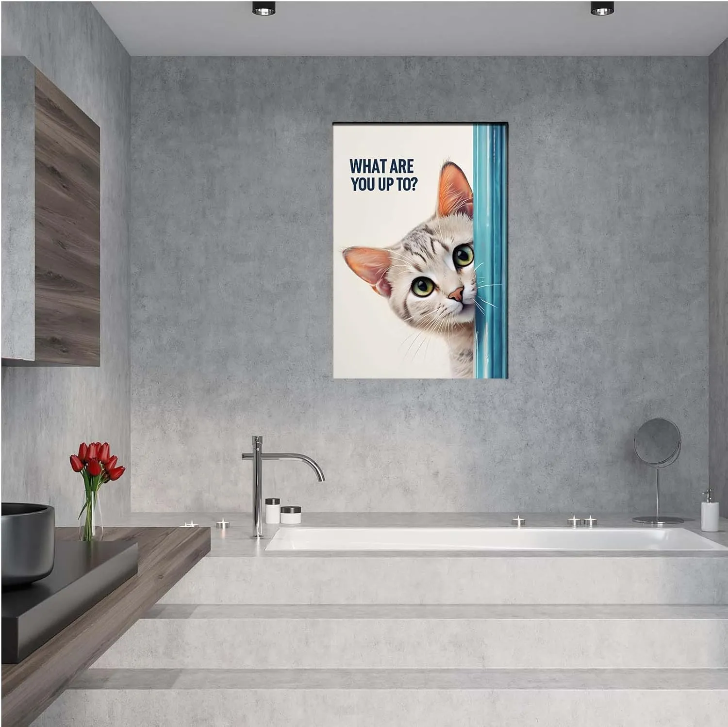 Striped cat canvas painting green eyes pink inner ears cream background blue vertical stripes minimalist composition, realistic feline portrait detailed whiskers smooth fur texture pet lover wall art