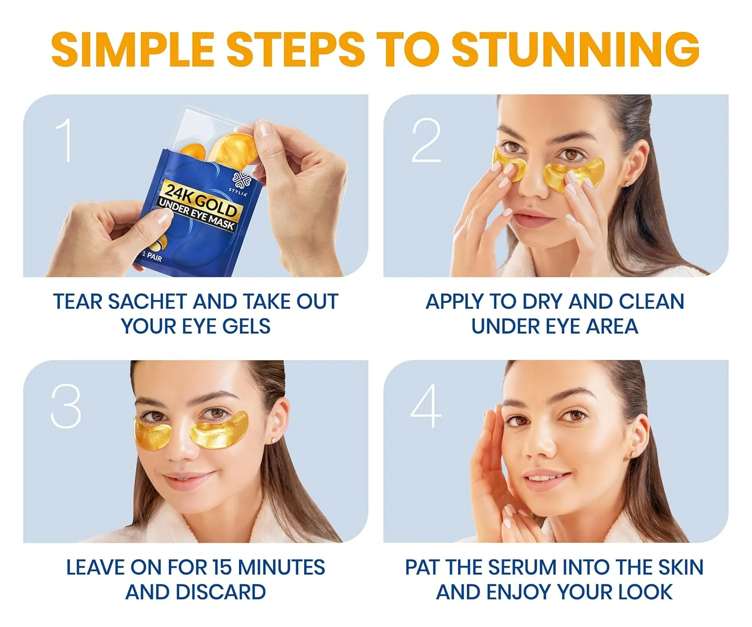 Stylia Under Eye Patches for Puffy Eyes and Dark Circles (30 Pairs) - 24k Gold Under Eye Mask with Vitamin C, Hyaluronic Acid, Pearl Extract - Eye Masks for Dark Circles and Puffiness