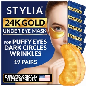 Stylia Under Eye Patches for Dark Circles and Puffy Eyes (19 Pairs) - 24k Gold Eye Mask for Cosmetic Improvement & Instant Hydration - Collagen Gel Pads for Temporary Relief of Puffiness - Refreshes
