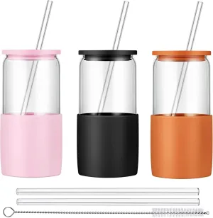 Sunseeke Glass Tumbler with Straw and Lid, 16oz Ice Coffee Cup, Silicone Sleeve Cleaning Brushes, Drinking Glasses for Water, Iced Coffee, Smoothie - BPA Free -3Pack