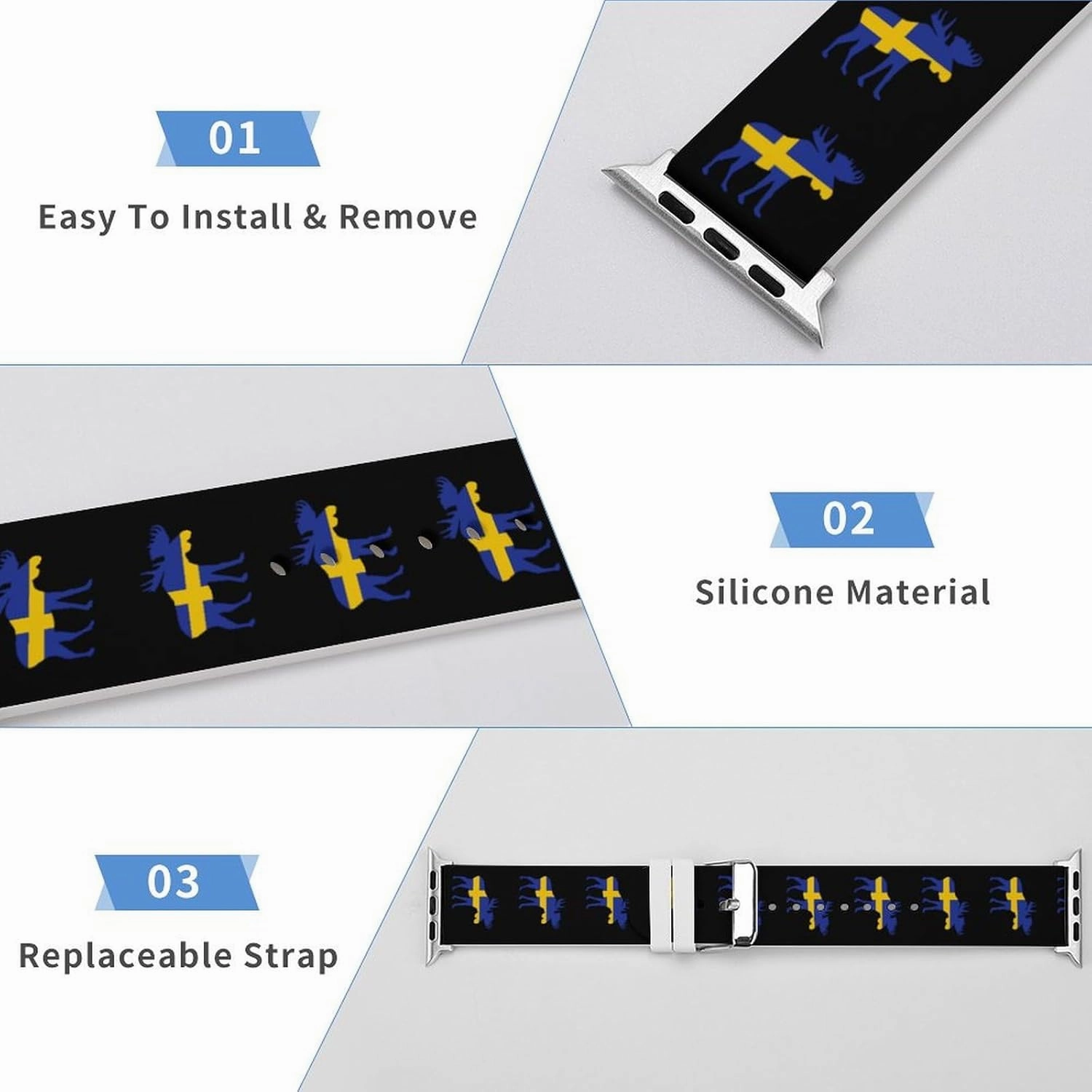 Swedish Flag And Elks Adjustable Silicone Watchband Compatible with IWatch Classic Soft Sports Watch Strap for Men Women