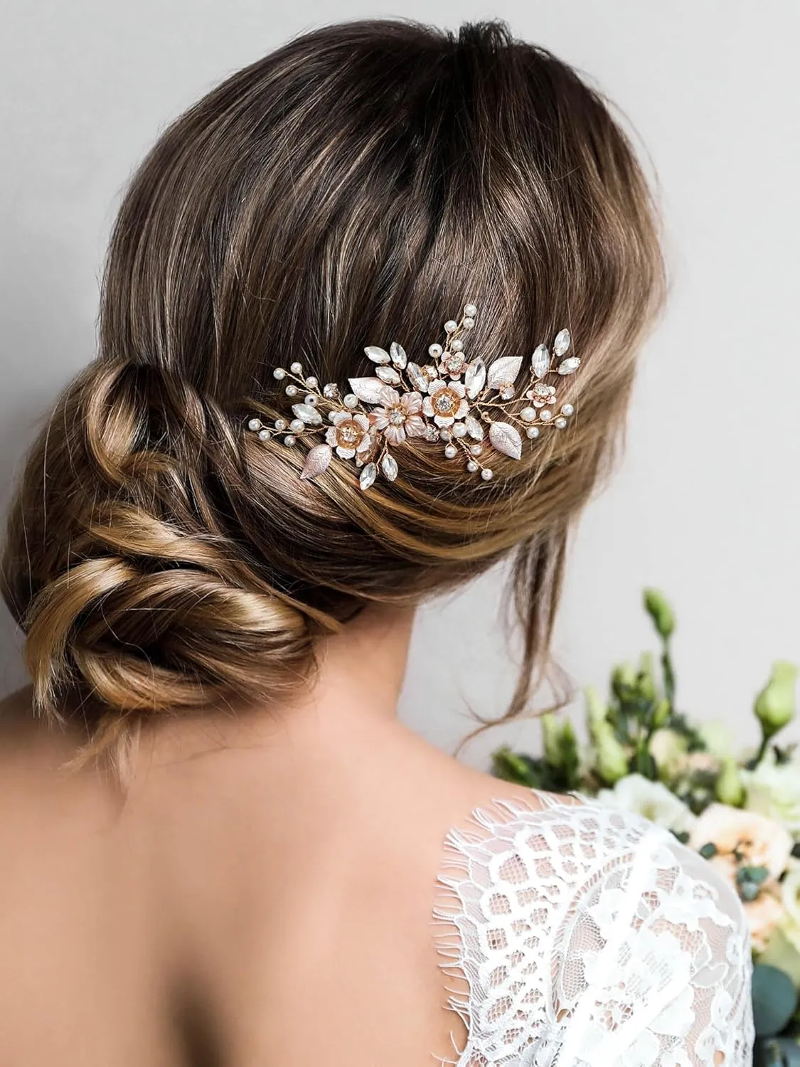 SWEETV Hair Comb, Handmade Rose Gold Bridal Hair Accessory for Weddings and Brides - 4.72 * 2.75 Inch, 2.Rose Gold