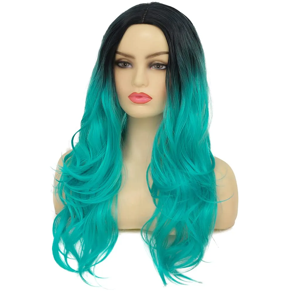 Swiking Curly Ombre Bluish Green Wigs for Women Long Wavy Natural Middle Part Dark Roots Blue Wave Hair Wigs Synthetic Wig for Party Cospaly