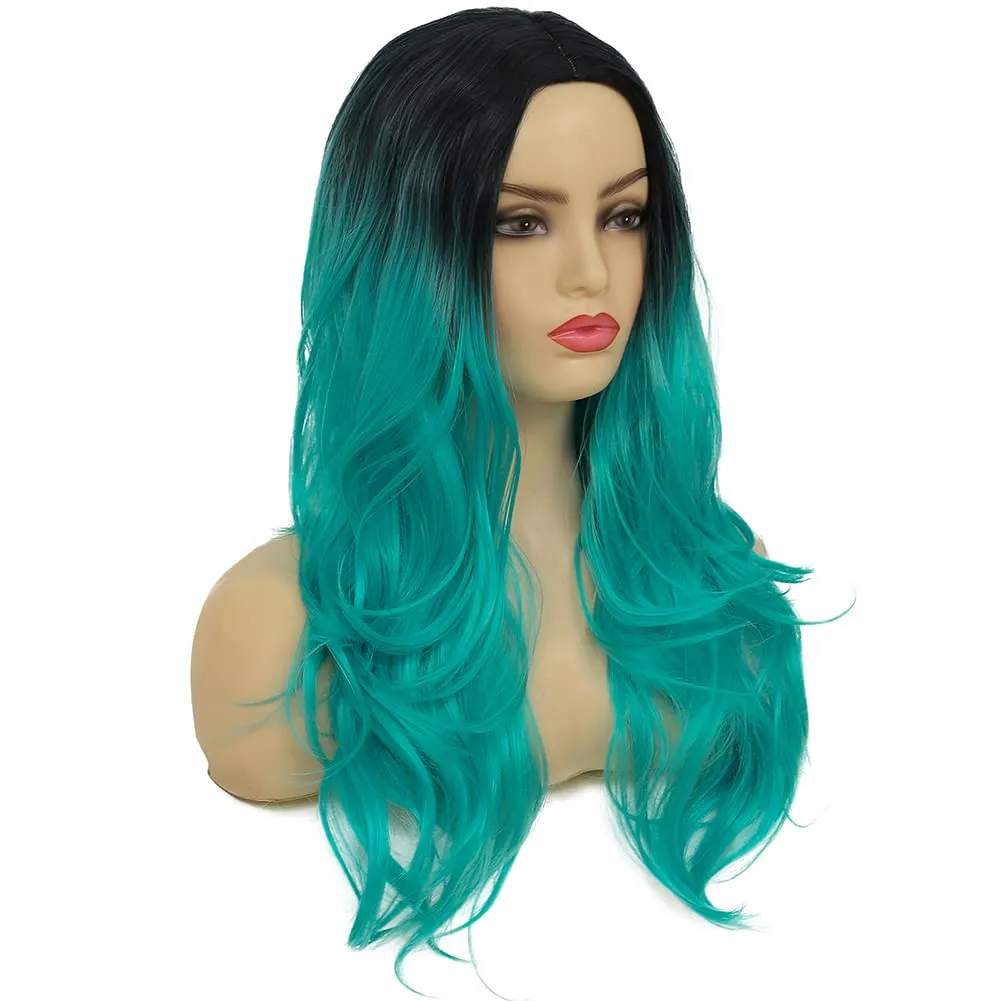 Swiking Curly Ombre Bluish Green Wigs for Women Long Wavy Natural Middle Part Dark Roots Blue Wave Hair Wigs Synthetic Wig for Party Cospaly