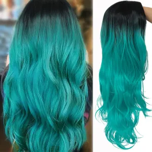 Swiking Curly Ombre Bluish Green Wigs for Women Long Wavy Natural Middle Part Dark Roots Blue Wave Hair Wigs Synthetic Wig for Party Cospaly