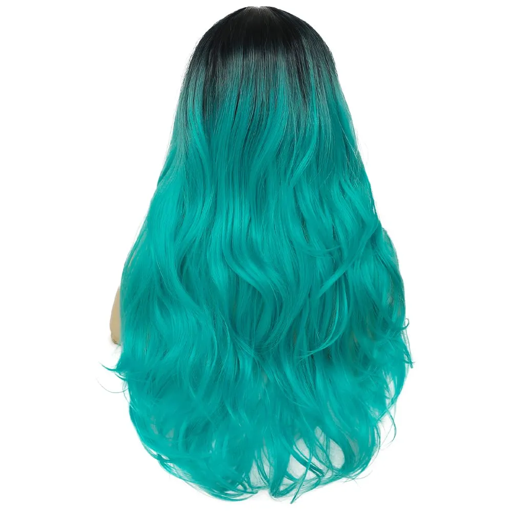 Swiking Curly Ombre Bluish Green Wigs for Women Long Wavy Natural Middle Part Dark Roots Blue Wave Hair Wigs Synthetic Wig for Party Cospaly