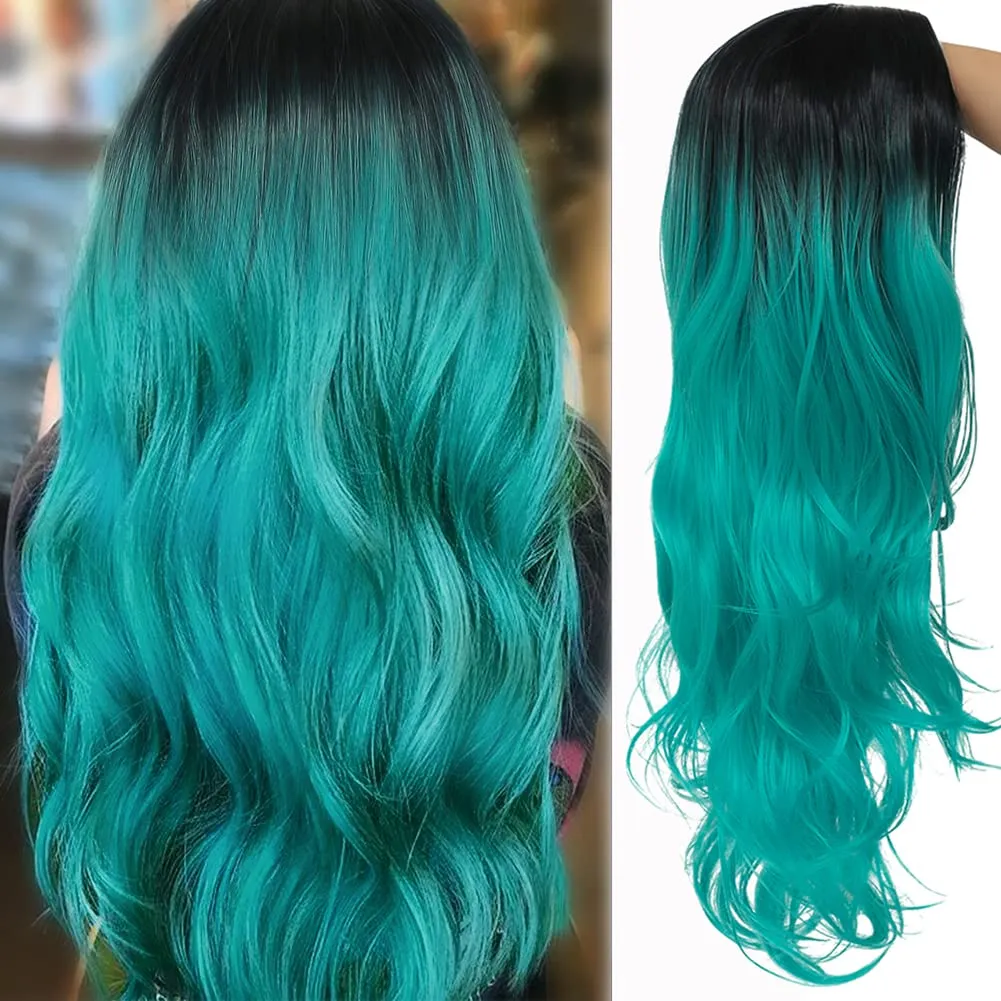 Swiking Curly Ombre Bluish Green Wigs for Women Long Wavy Natural Middle Part Dark Roots Blue Wave Hair Wigs Synthetic Wig for Party Cospaly