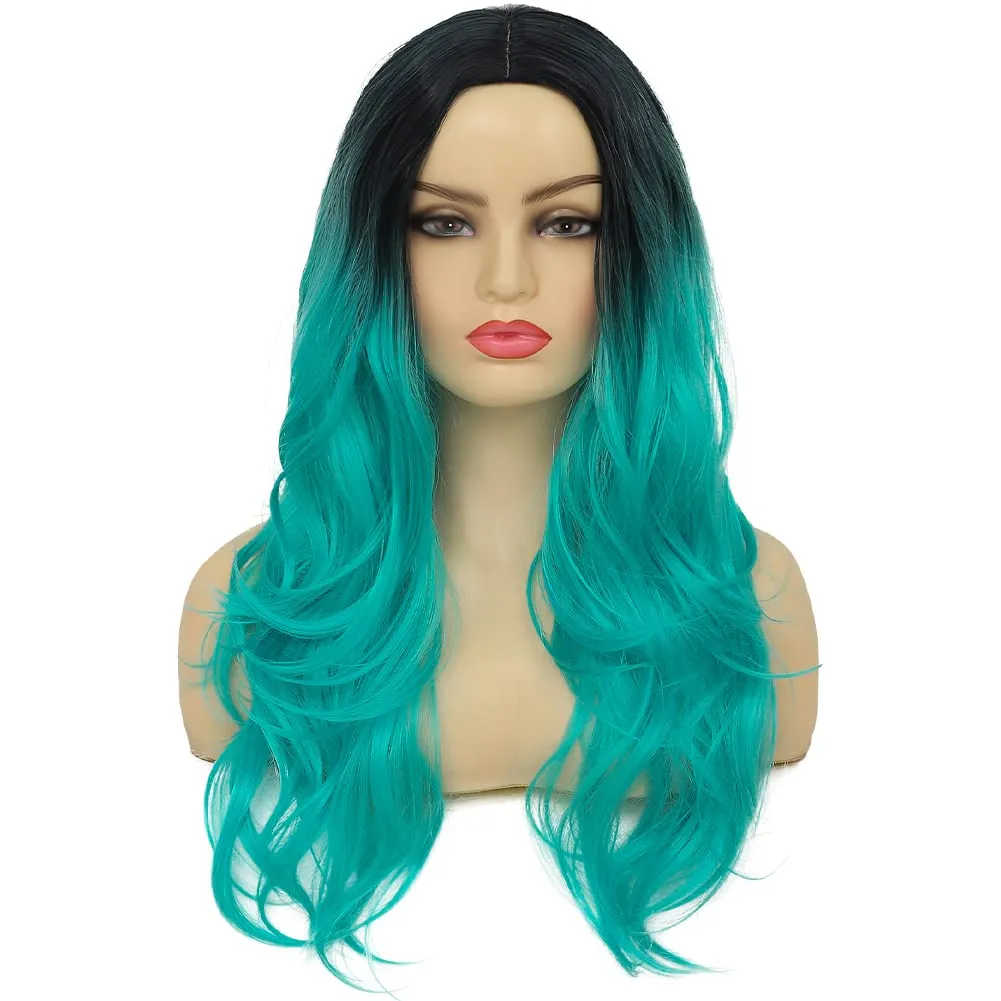 Swiking Curly Ombre Bluish Green Wigs for Women Long Wavy Natural Middle Part Dark Roots Blue Wave Hair Wigs Synthetic Wig for Party Cospaly