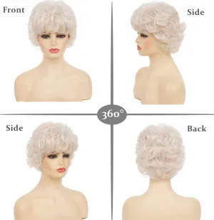Swiking Short Curly Silver Wigs for White Women Heat Resistant Natural Synthetic Hair Old Ladies Daily Cosplay Full Wigs with Wig Cap