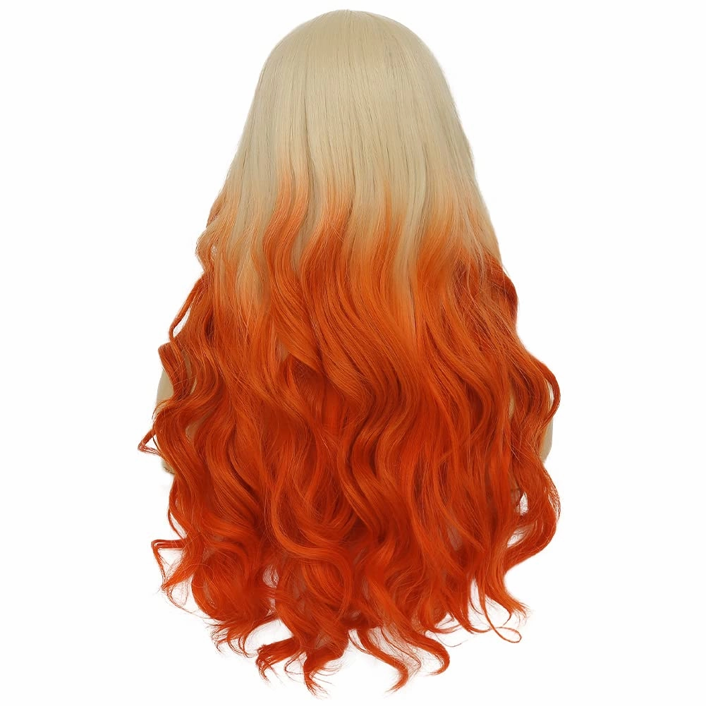 Swiking Blonde Ombre Orange Long Curly Wig Oange Wave Wig Synthetic Middle Part Fluffy Hair Cosplay Party Costume Wigs
