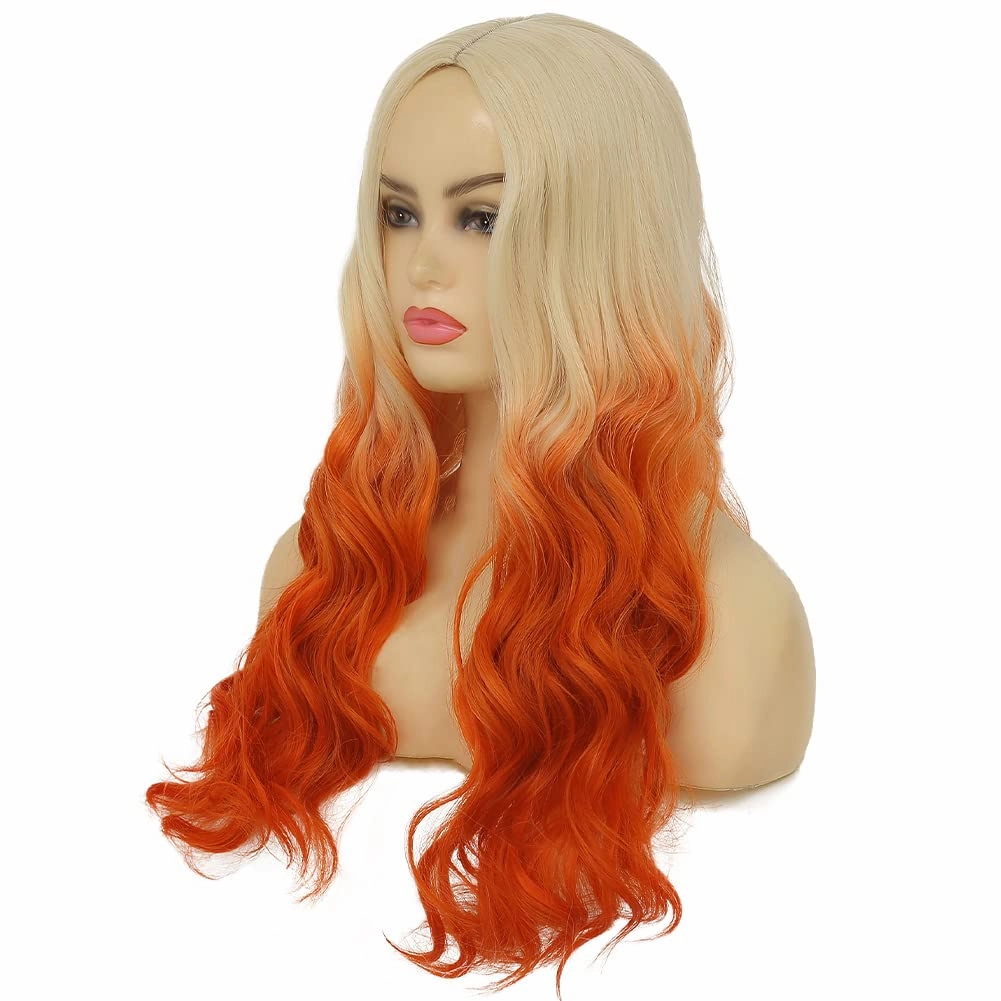 Swiking Blonde Ombre Orange Long Curly Wig Oange Wave Wig Synthetic Middle Part Fluffy Hair Cosplay Party Costume Wigs