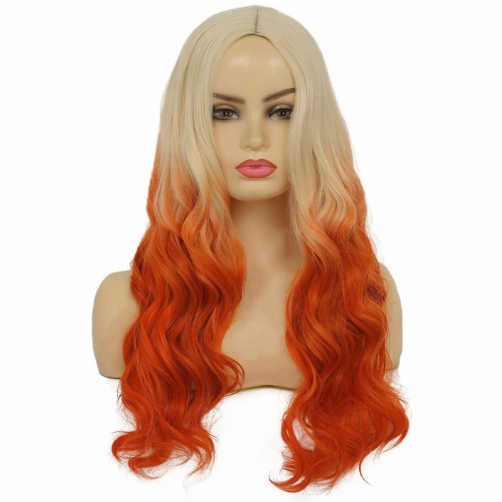 Swiking Blonde Ombre Orange Long Curly Wig Oange Wave Wig Synthetic Middle Part Fluffy Hair Cosplay Party Costume Wigs