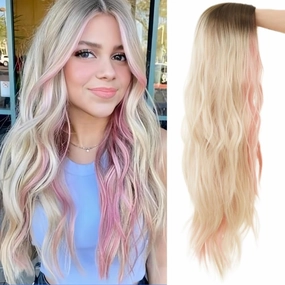 Swiking Long Blonde Curly Wavy Wig for Women Natural Mixed Pink Hair Wig with Dark Roots for Halloween Daily Use