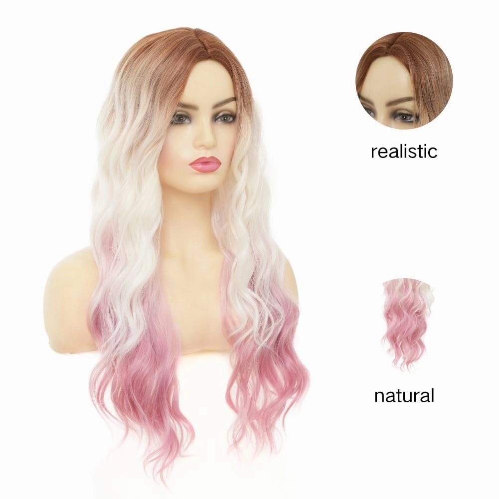 Swiking Long Brown White Curly Wavy Womens Wig Ombre Pink Natural Pink Hair Wig With Dark Roots Synthetic Halloween Daily Wig