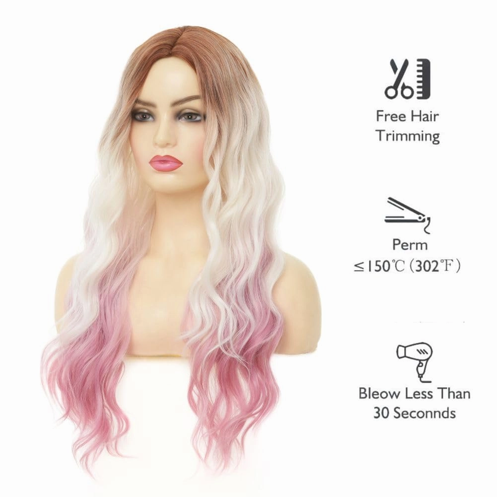 Swiking Long Brown White Curly Wavy Womens Wig Ombre Pink Natural Pink Hair Wig With Dark Roots Synthetic Halloween Daily Wig