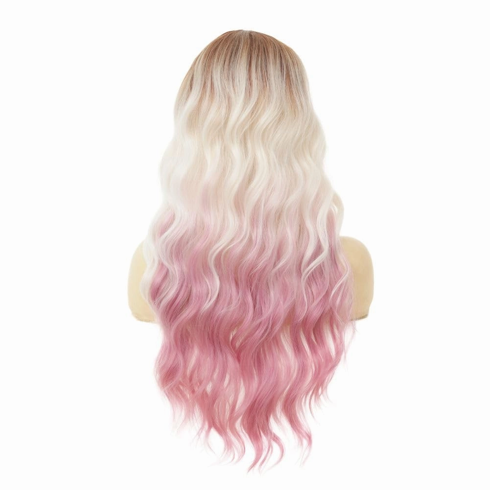 Swiking Long Brown White Curly Wavy Womens Wig Ombre Pink Natural Pink Hair Wig With Dark Roots Synthetic Halloween Daily Wig