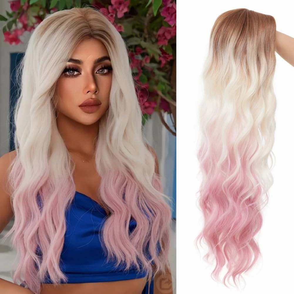 Swiking Long Brown White Curly Wavy Womens Wig Ombre Pink Natural Pink Hair Wig With Dark Roots Synthetic Halloween Daily Wig