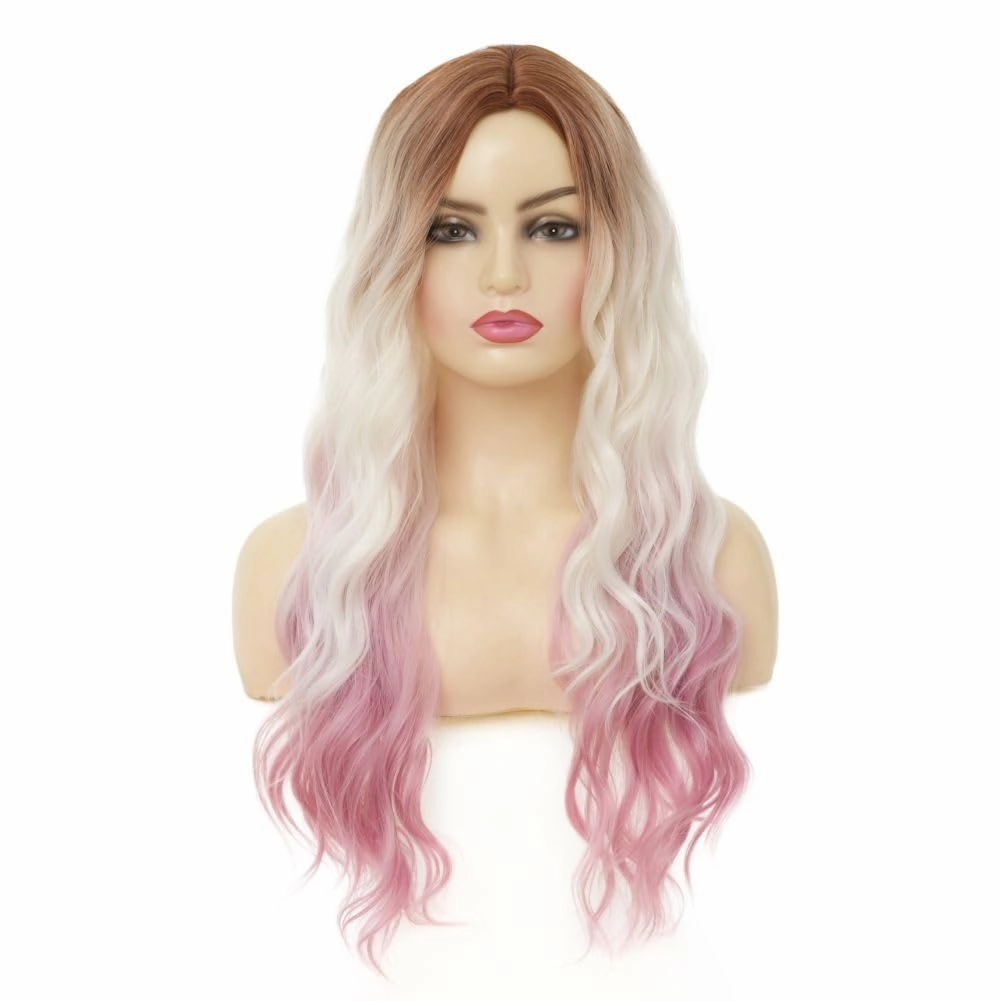 Swiking Long Brown White Curly Wavy Womens Wig Ombre Pink Natural Pink Hair Wig With Dark Roots Synthetic Halloween Daily Wig