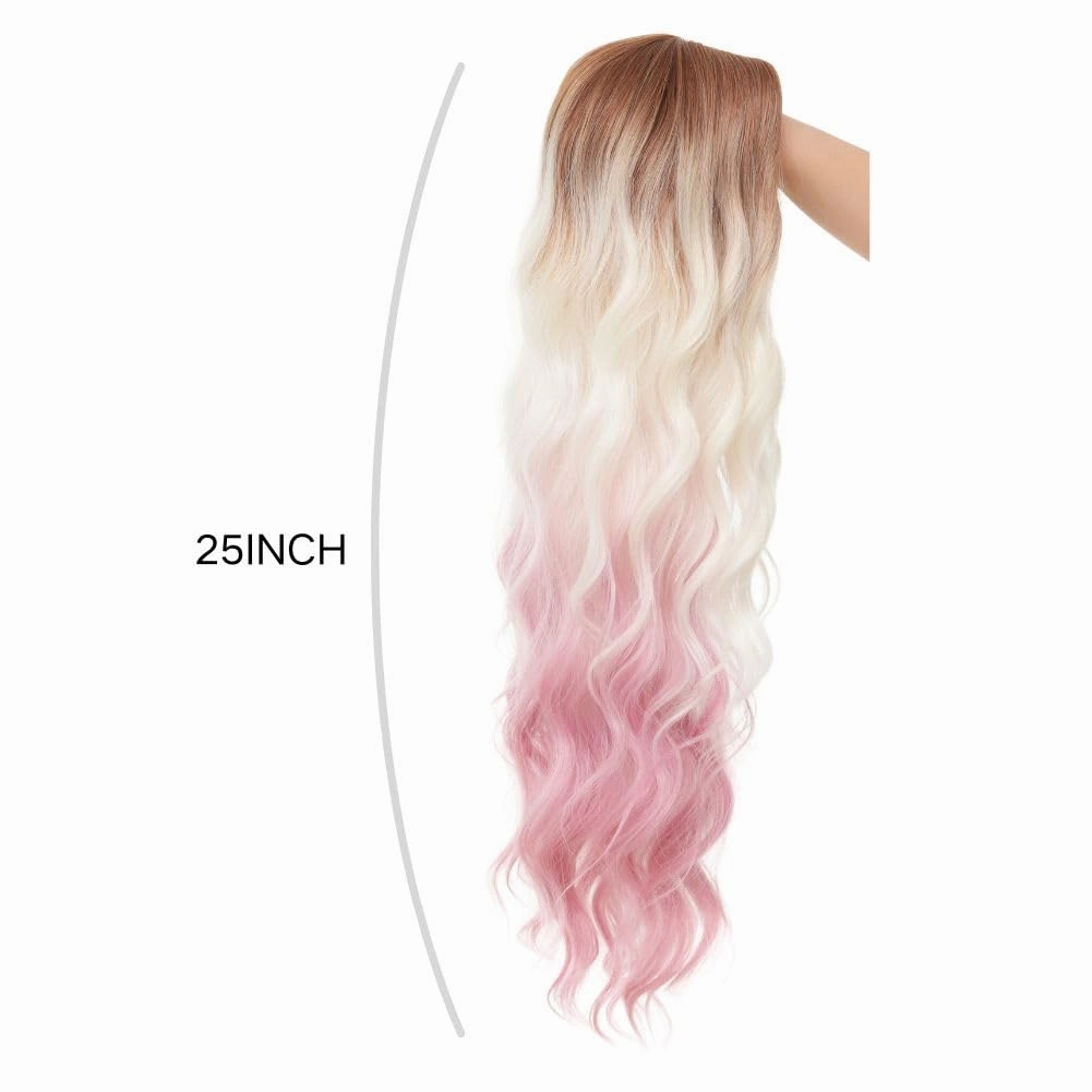 Swiking Long Brown White Curly Wavy Womens Wig Ombre Pink Natural Pink Hair Wig With Dark Roots Synthetic Halloween Daily Wig
