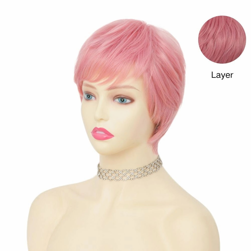 Swiking Short Pink Wigs for Women Side Part with Bangs Synthetic Pixie Cuts Wigs for Cosplay Daily Party Use