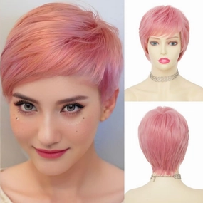 Swiking Short Pink Wigs for Women Side Part with Bangs Synthetic Pixie Cuts Wigs for Cosplay Daily Party Use
