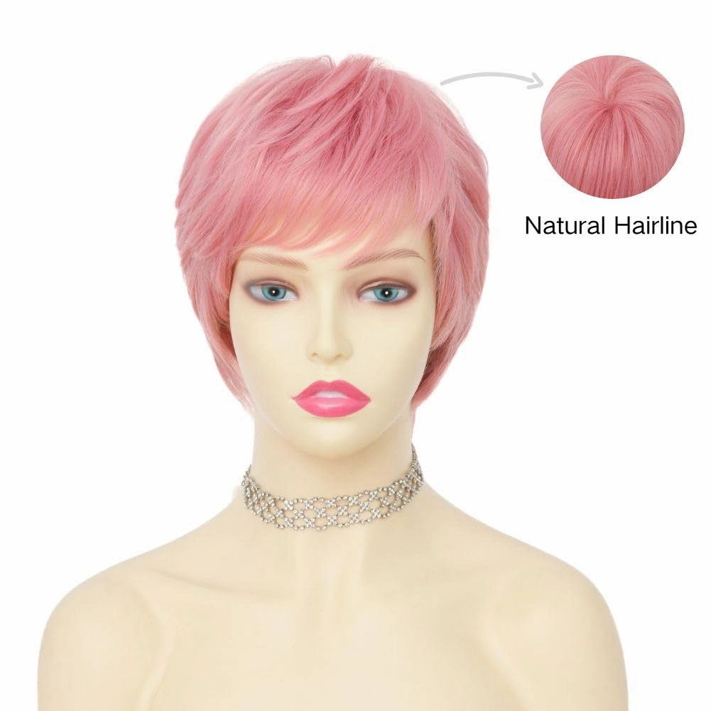 Swiking Short Pink Wigs for Women Side Part with Bangs Synthetic Pixie Cuts Wigs for Cosplay Daily Party Use