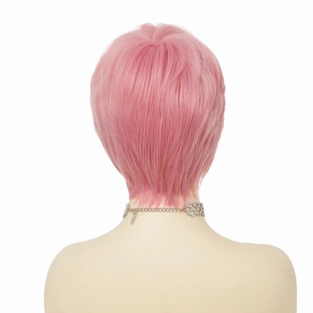Swiking Short Pink Wigs for Women Side Part with Bangs Synthetic Pixie Cuts Wigs for Cosplay Daily Party Use