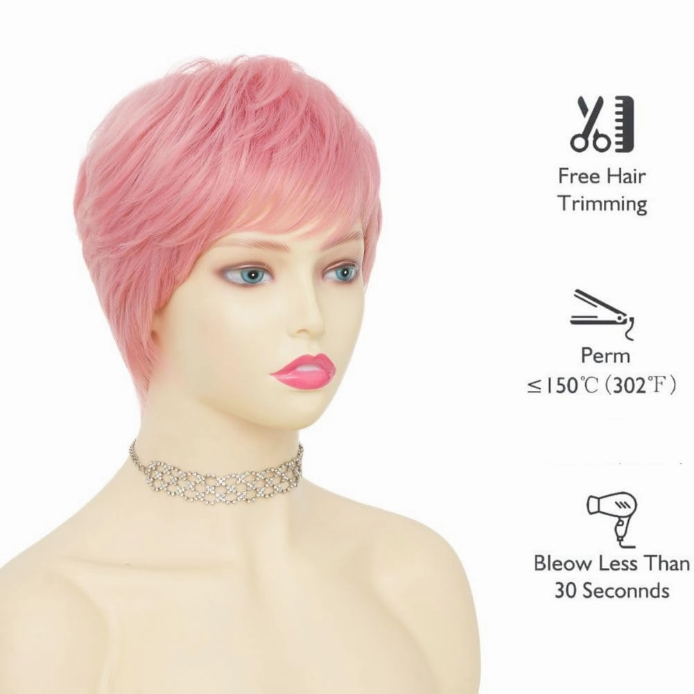 Swiking Short Pink Wigs for Women Side Part with Bangs Synthetic Pixie Cuts Wigs for Cosplay Daily Party Use