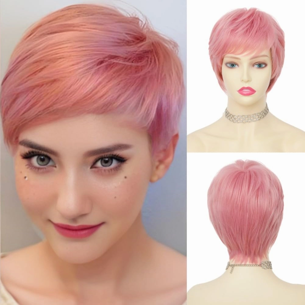 Swiking Short Pink Wigs for Women Side Part with Bangs Synthetic Pixie Cuts Wigs for Cosplay Daily Party Use