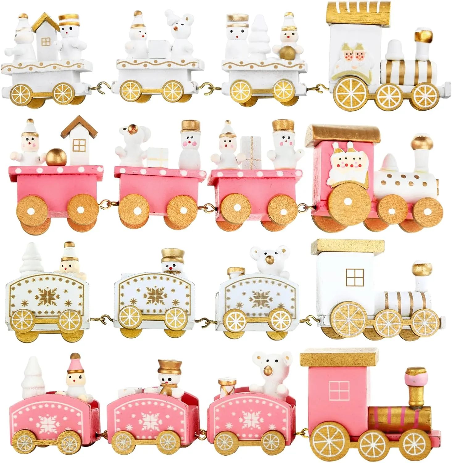 Syhood 4 Pcs Pink Christmas Wooden Train Mini Painted Train Decoration Around Tree for Kids Wooden Desktop Ornament for Xmas Party Winter Festival Gift
