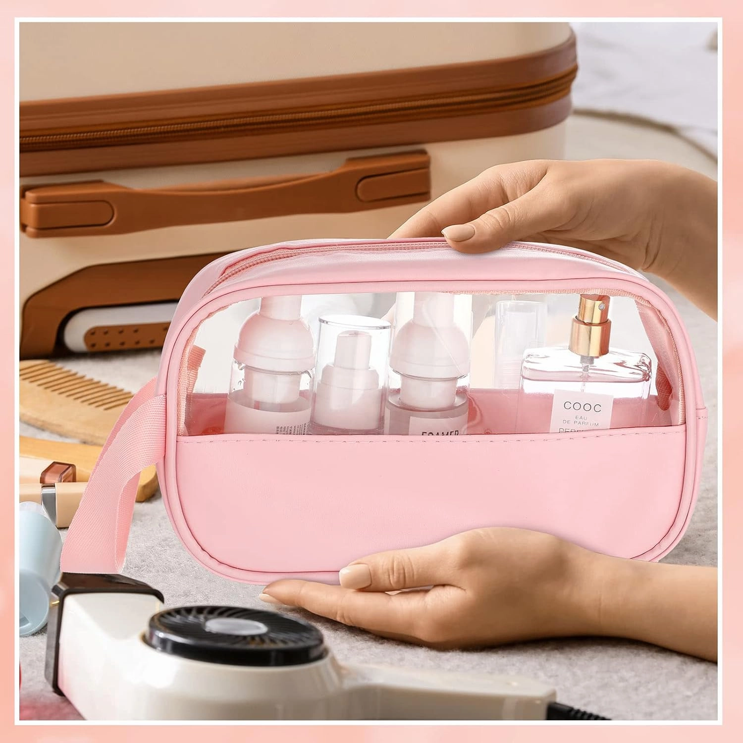 Tanlade 18 Pcs Clear Cosmetic Bags Bulk, Translucent Makeup Toiletry Bag for Women Waterproof Portable Cosmetic Bag Set Traveling Make up Organizer(Pink)