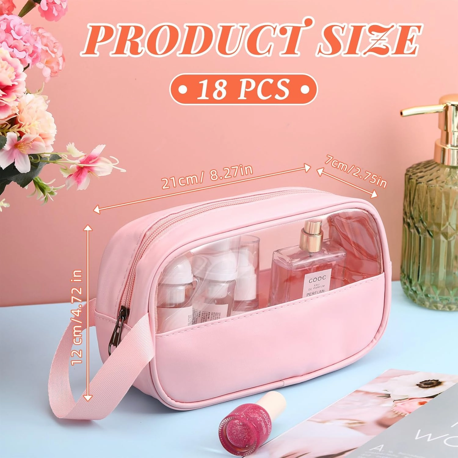 Tanlade 18 Pcs Clear Cosmetic Bags Bulk, Translucent Makeup Toiletry Bag for Women Waterproof Portable Cosmetic Bag Set Traveling Make up Organizer(Pink)