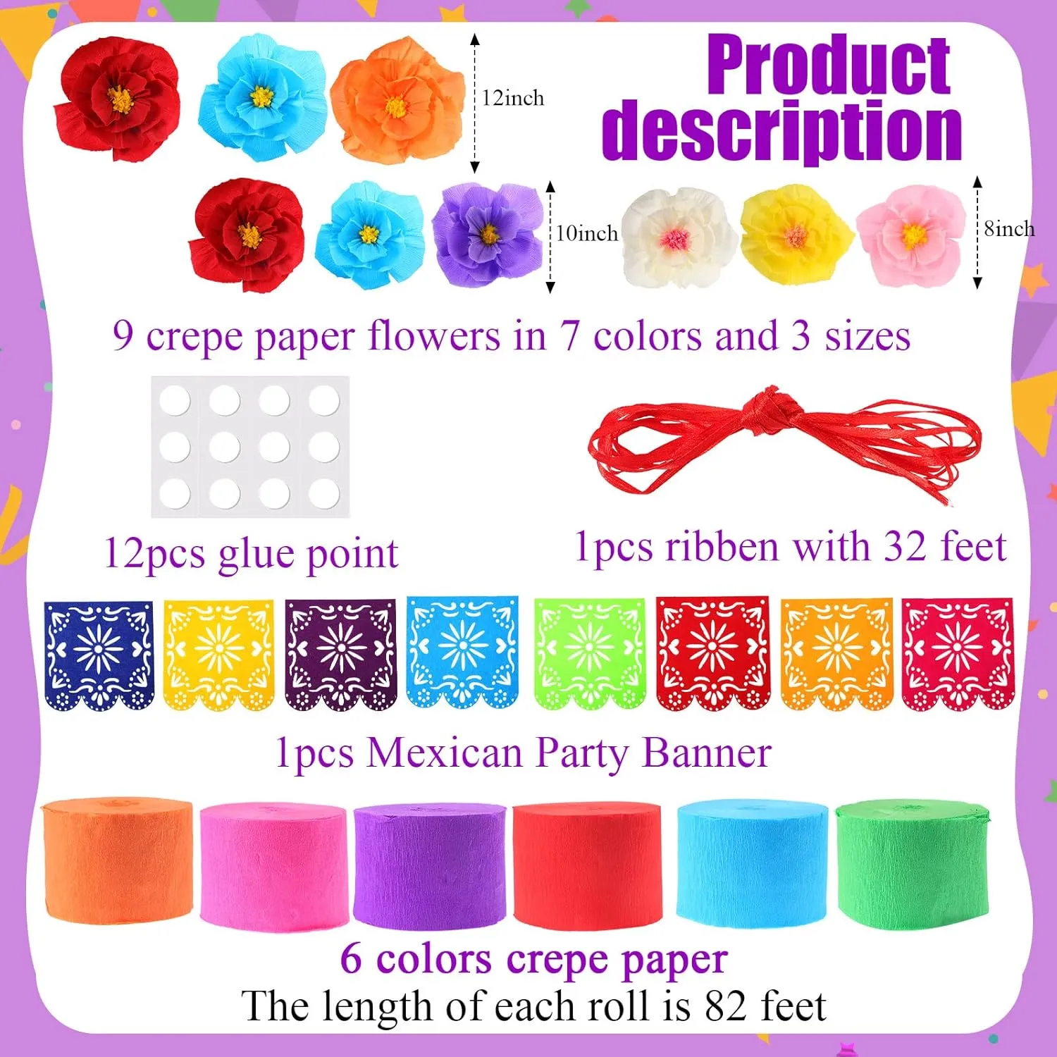 TaoBary 16 Pcs Mexican Paper Flowers Mexican Party Decorations Streamer Backdrop and Papel Picado Banner Mexico Fiesta Party Decorations Supplies Set for Cinco De Mayo Party Wedding(Classic Style)