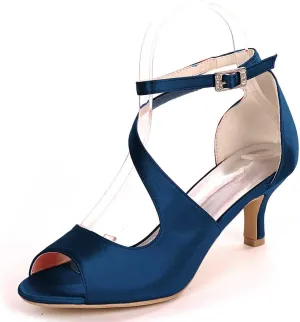 TarfiC Women Comfort Low Heel Sandals Buckle Stiletto Heels Open Toe Ankle Strap Satin Bridal Wedding Shoes